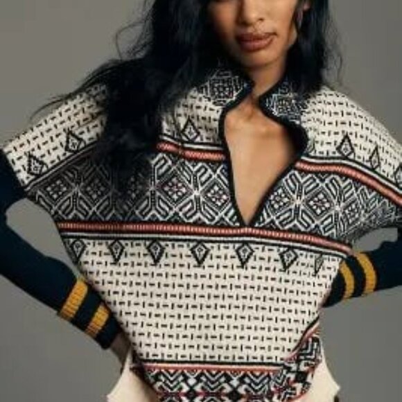 Maeve Nordic Mockneck Wool Cotton Sweater Blue/Cream V-Neck Fair Isle Boxy XL - Picture 1 of 11